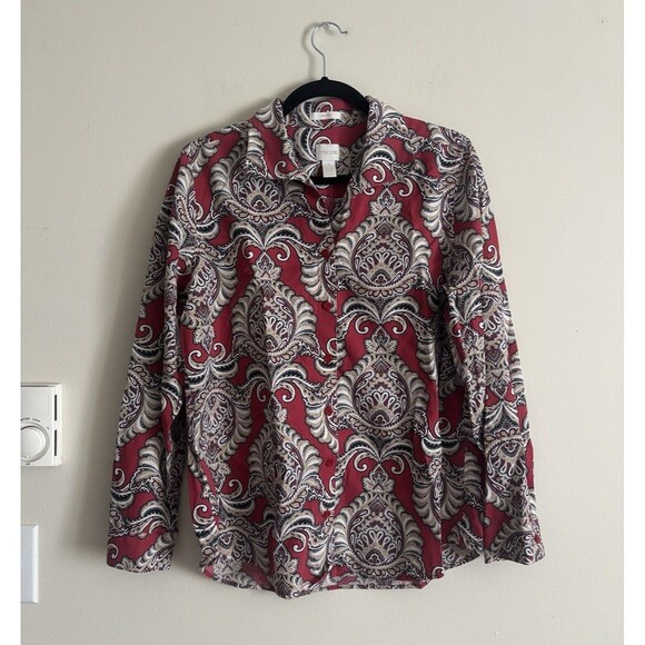 Chicos 1 Medium No Iron Button Up Collared Shirt Paisley Floral‎ Red Tan White - Picture 1 of 4